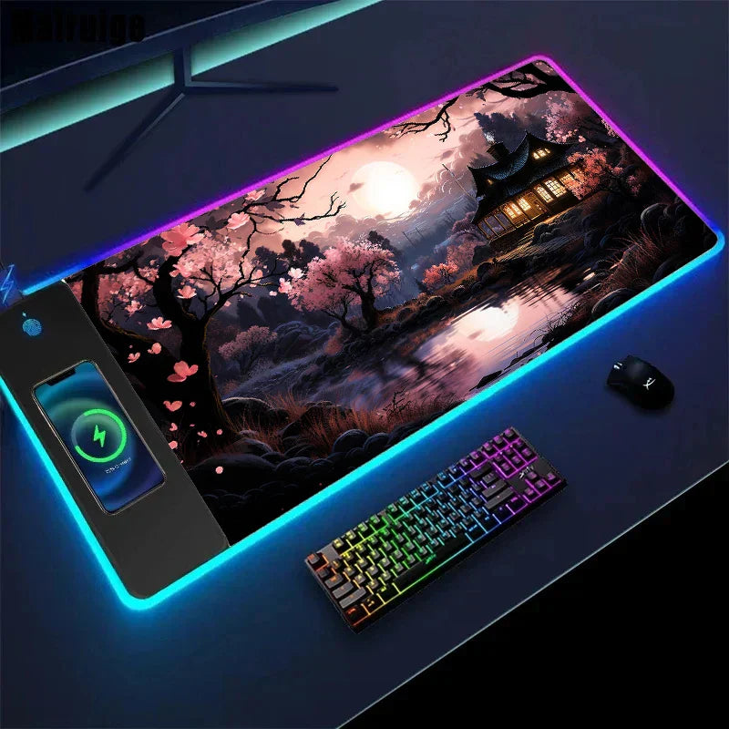 Wireless Charging Mouse Pad Sakura Game Mouse Pad XXL Gamer Mouse Pad Anti-Slip Rubber Keyboard Computer Accessories Desk Mat